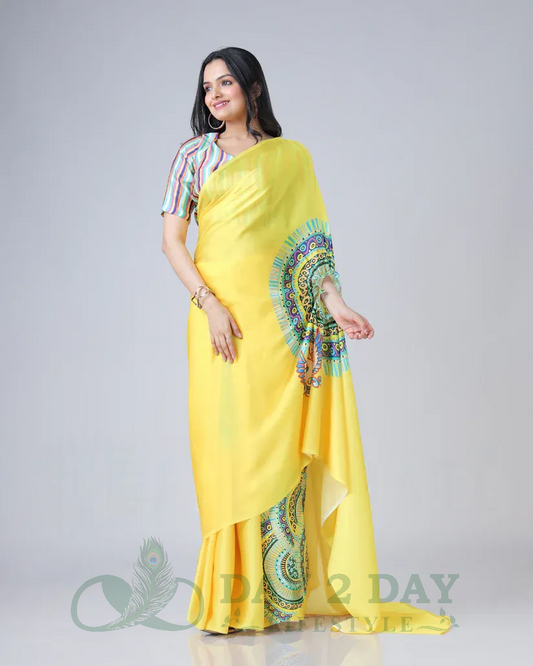 Mandala Bloom Freehand Saree – Ready to Wear in 1 Minute | Hands-Free Draping (Sunshine Yellow)
