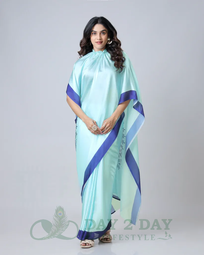Paisley Charm Freehand Saree – Ready to Wear in 1 Minute | Hands-Free Draping (Aqua Blue & Navy)