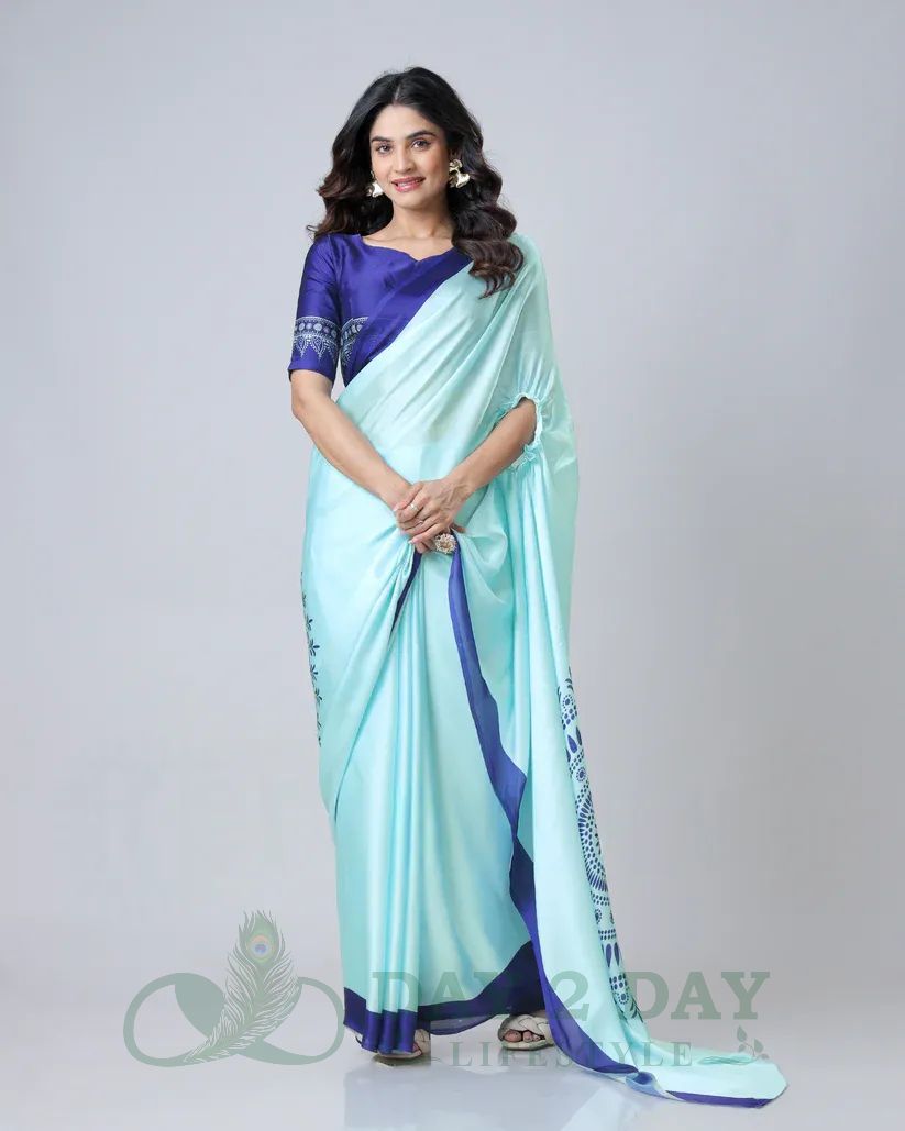 Paisley Charm Freehand Saree – Ready to Wear in 1 Minute | Hands-Free Draping (Aqua Blue & Navy)