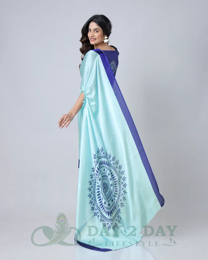 Paisley Charm Freehand Saree – Ready to Wear in 1 Minute | Hands-Free Draping (Aqua Blue & Navy)