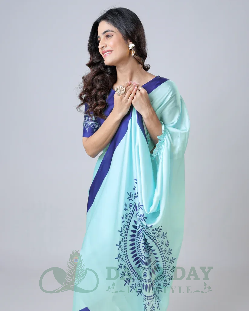 Paisley Charm Freehand Saree – Ready to Wear in 1 Minute | Hands-Free Draping (Aqua Blue & Navy)