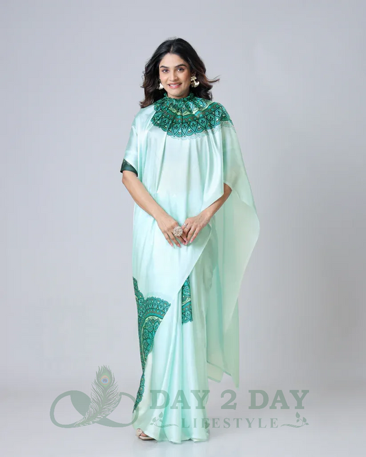 Mandala Edge Freehand Saree – Ready to Wear in 1 Minute | Hands-Free Draping (Mint Green & Bottle Green)