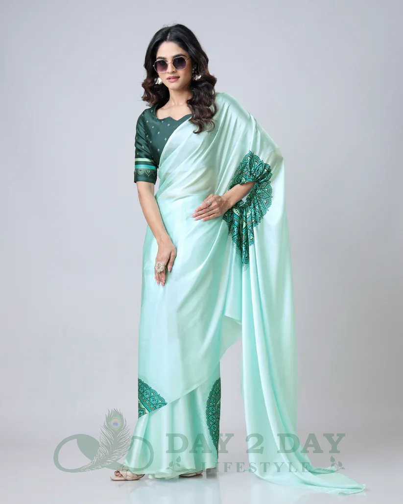 Mandala Edge Freehand Saree – Ready to Wear in 1 Minute | Hands-Free Draping (Mint Green & Bottle Green)