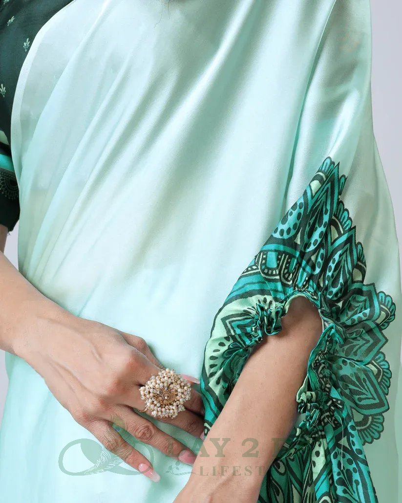 Mandala Edge Freehand Saree – Ready to Wear in 1 Minute | Hands-Free Draping (Mint Green & Bottle Green)