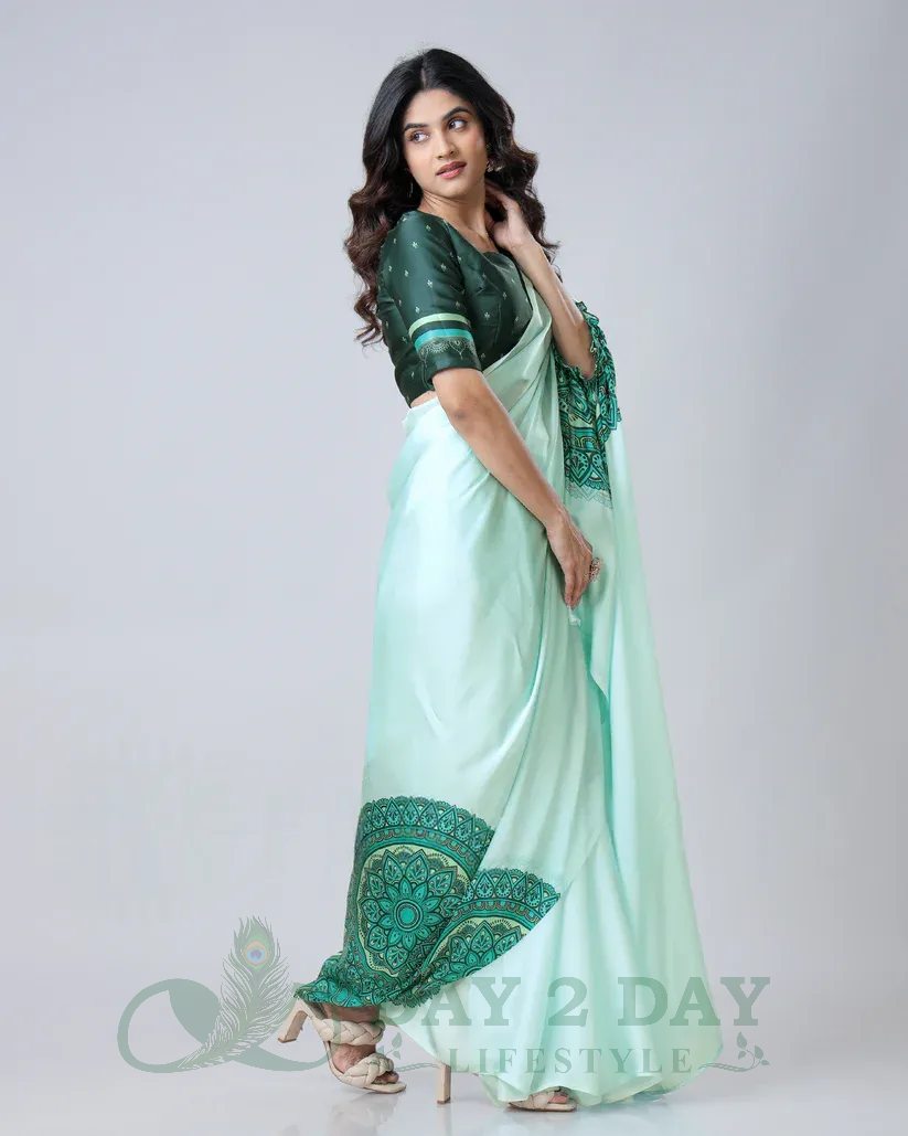 Mandala Edge Freehand Saree – Ready to Wear in 1 Minute | Hands-Free Draping (Mint Green & Bottle Green)
