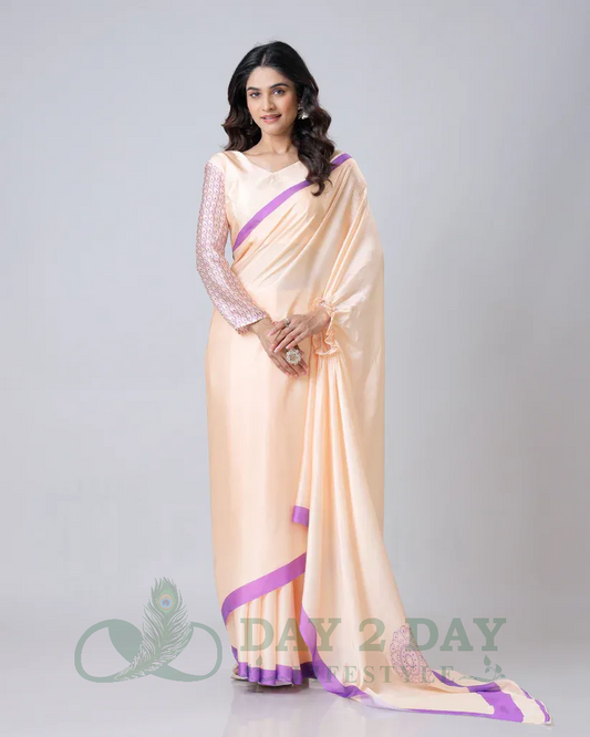 Floral Medallion Freehand Saree – Ready to Wear in 1 Minute | Hands-Free Draping (Peach & Lavender)