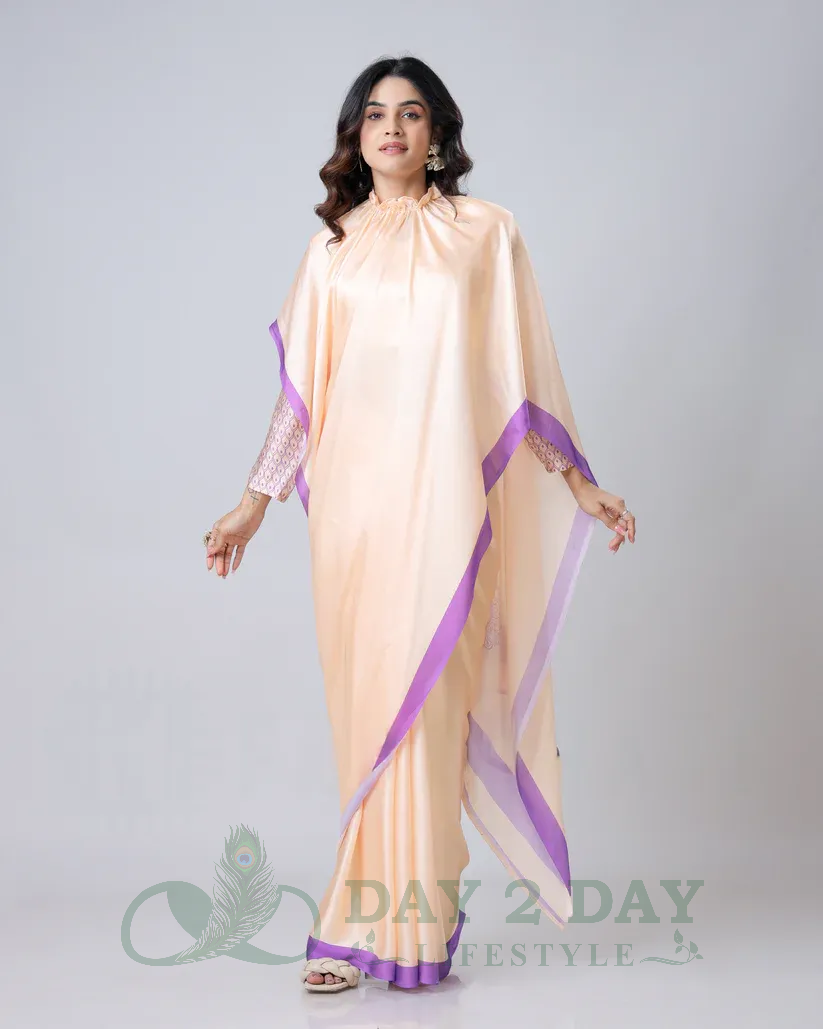 Floral Medallion Freehand Saree – Ready to Wear in 1 Minute | Hands-Free Draping (Peach & Lavender)