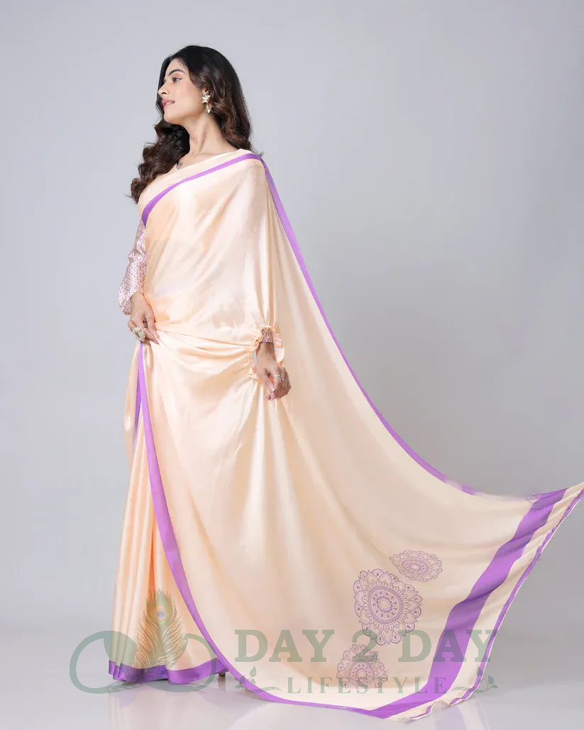 Floral Medallion Freehand Saree – Ready to Wear in 1 Minute | Hands-Free Draping (Peach & Lavender)