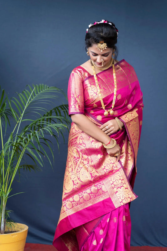 Pink Banarasi Silk Saree with Golden Zari Floral & Paisley Weaving - Blouse Piece Included