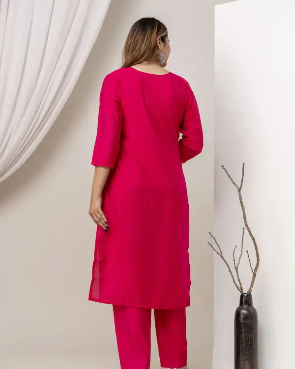 Crimson Charm Embroidered Roman Silk Kurti Set with Dupatta