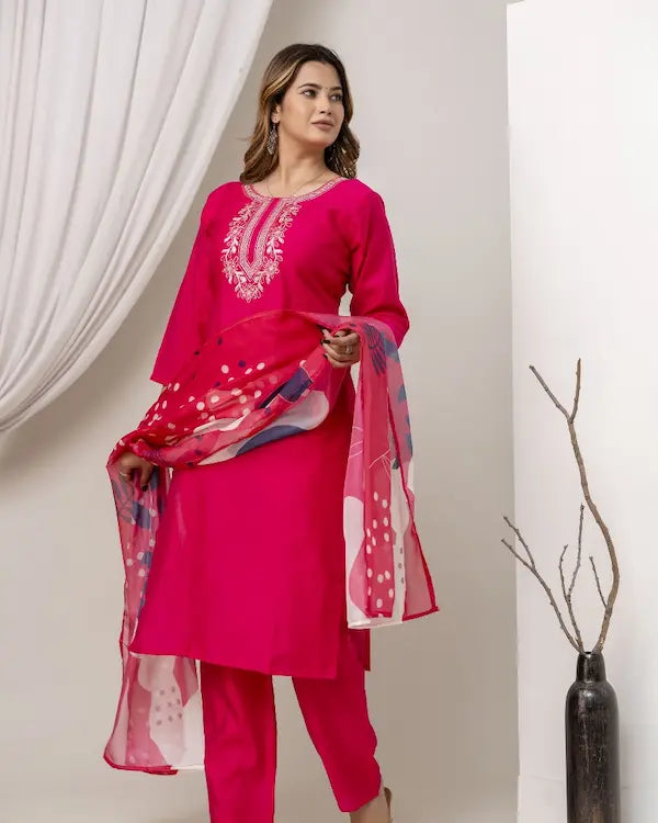Crimson Charm Embroidered Roman Silk Kurti Set with Dupatta