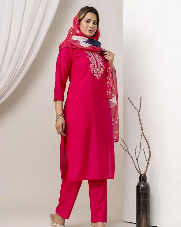Crimson Charm Embroidered Roman Silk Kurti Set with Dupatta