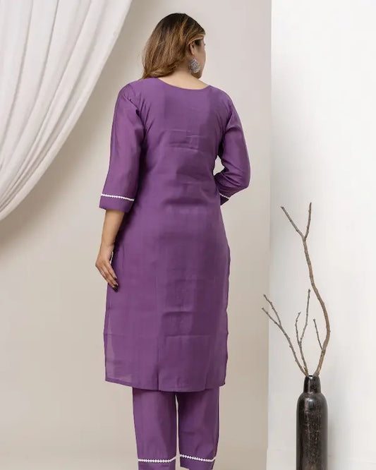 Purple Poise Embroidered Roman Silk Kurti Set with Dupatta