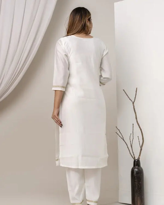 Ivory Grace Embroidered Roman Silk Kurti Set with Chevron Dupatta