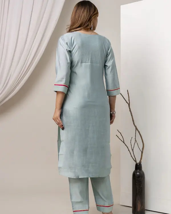 Mist Mint Roman Silk Embroidered Kurti Set with Designer Chanderi Dupatta
