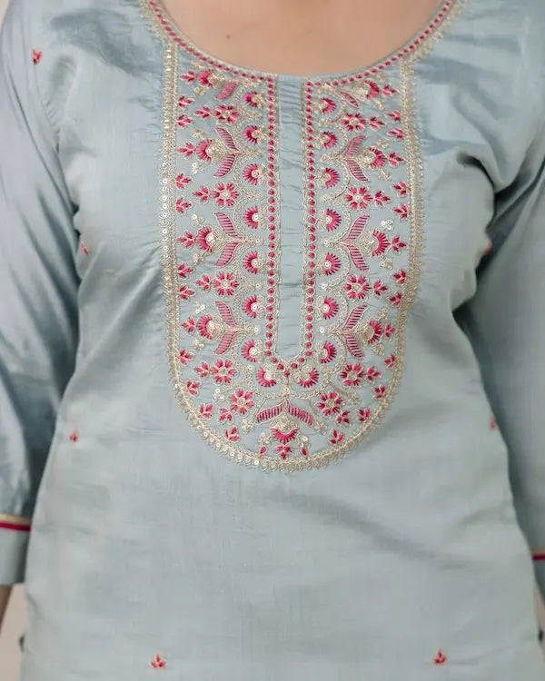 Mist Mint Roman Silk Embroidered Kurti Set with Designer Chanderi Dupatta