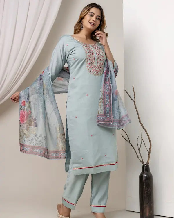 Mist Mint Roman Silk Embroidered Kurti Set with Designer Chanderi Dupatta