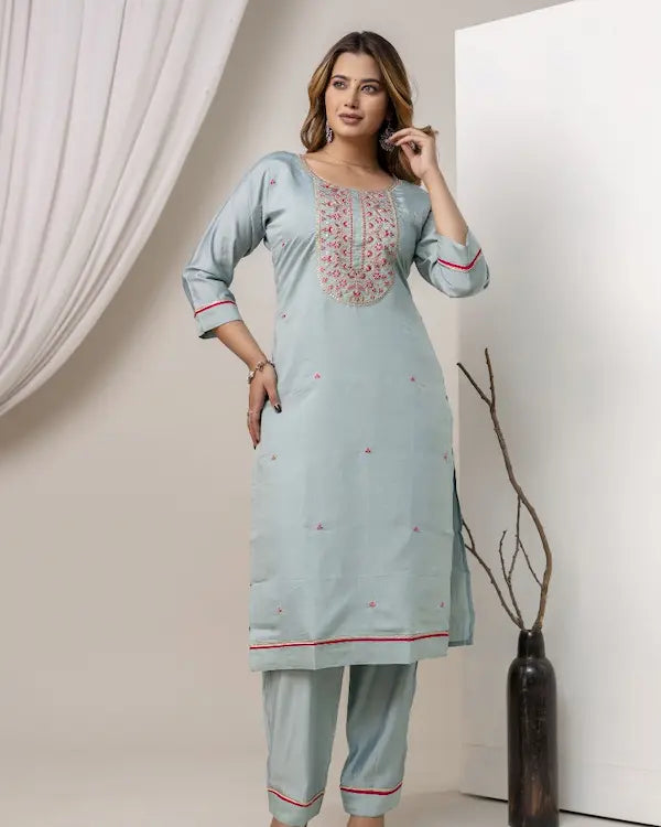 Mist Mint Roman Silk Embroidered Kurti Set with Designer Chanderi Dupatta