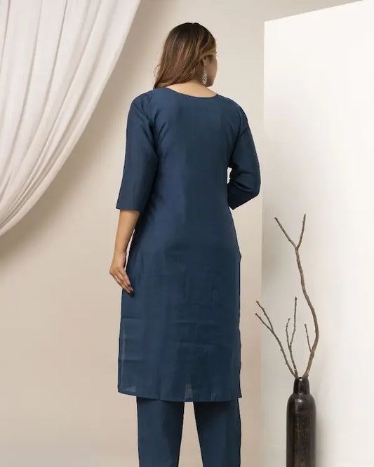 Midnight Mist – Roman Silk Embroidered Kurti Set with Designer Chanderi Dupatta