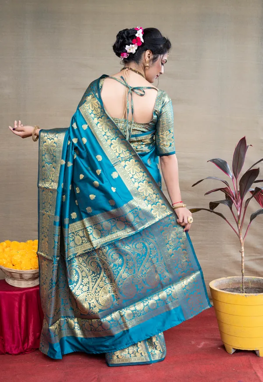 Firoji Banarasi Silk Saree with Golden Zari Floral & Paisley Weaving - Blouse Piece Included