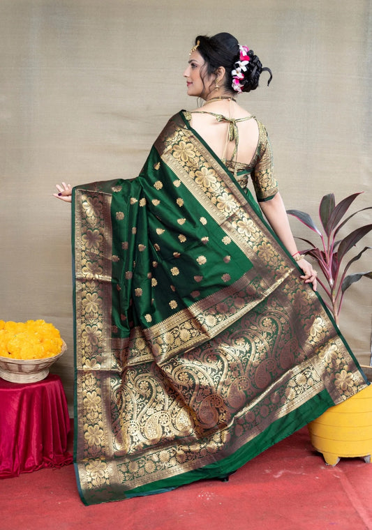 Green Banarasi Silk Saree with Golden Zari Floral & Paisley Weaving - Blouse Piece Included