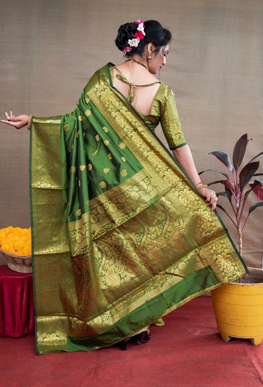 Parot Banarasi Silk Saree with Golden Zari Floral & Paisley Weaving - Blouse Piece Included