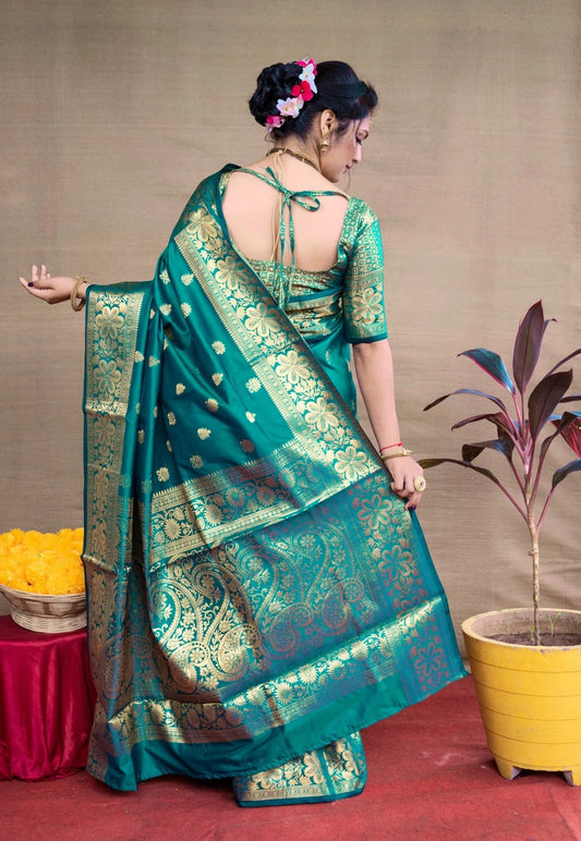 Rama Banarasi Silk Saree with Golden Zari Floral & Paisley Weaving - Blouse Piece Included
