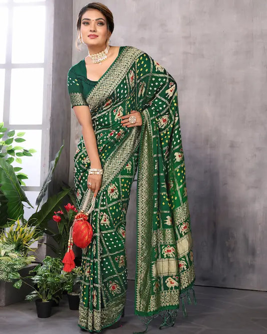 Emerald Royal Green Patola Print Saree with Zari Border | Gaji Soft Silk Fabric