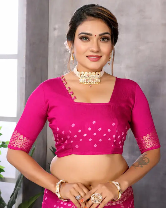 Fuchsia Majesty Pink Patola Print Saree with Golden Zari | Gaji Soft Silk Fabric