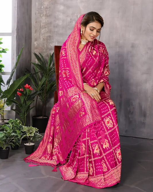 Fuchsia Majesty Pink Patola Print Saree with Golden Zari | Gaji Soft Silk Fabric