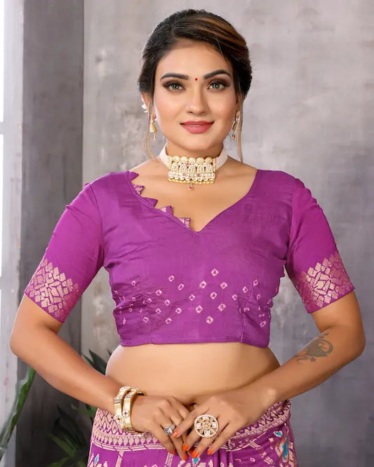 Royal Patola Purple Saree with Multicolor Zari Motifs | Gaji Soft Silk Fabric