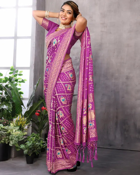 Royal Patola Purple Saree with Multicolor Zari Motifs | Gaji Soft Silk Fabric