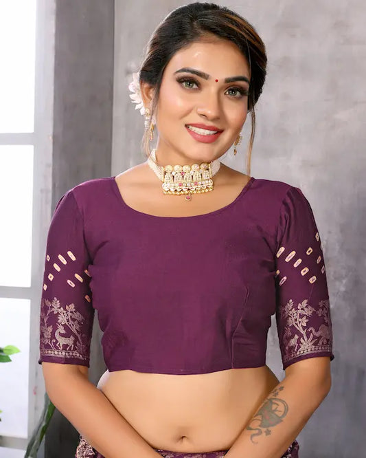 Royal Plum Purple Bandhani Saree with Golden Floral Weave | Gaji Soft Silk Fabric
