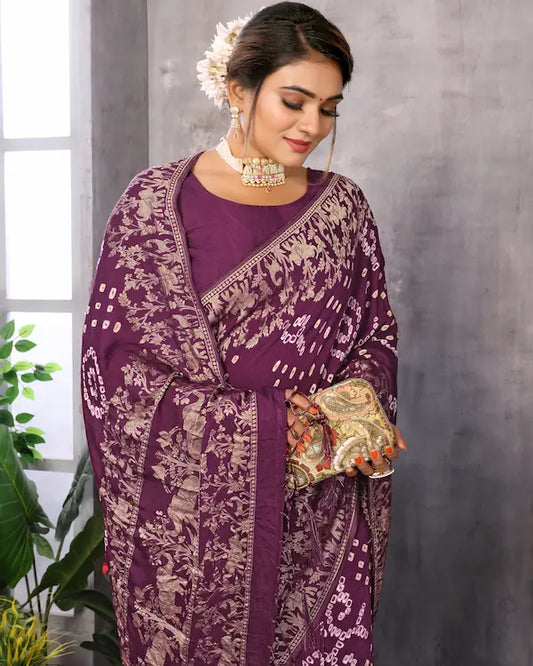 Royal Plum Purple Bandhani Saree with Golden Floral Weave | Gaji Soft Silk Fabric