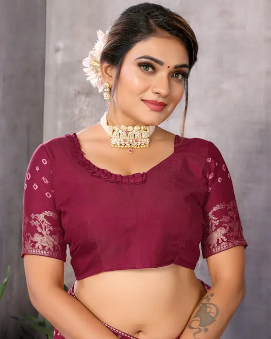 Maroon Majesty Bandhani Saree with Regal Golden Weaving | Soft Silk Fabric
