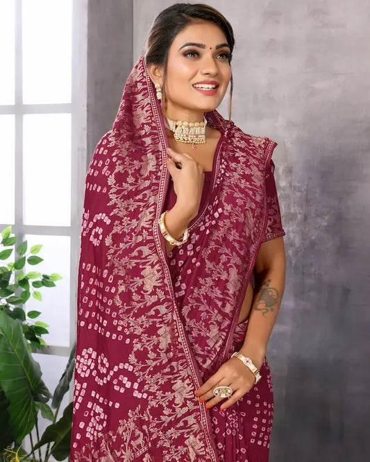 Maroon Majesty Bandhani Saree with Regal Golden Weaving | Soft Silk Fabric