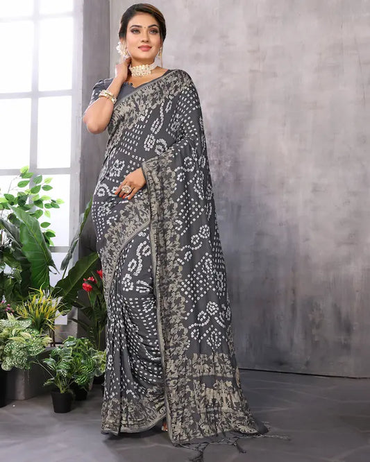Shadow Bloom Grey Bandhani Saree with Antique Gold Weaving | Gaji Soft Silk Fabric