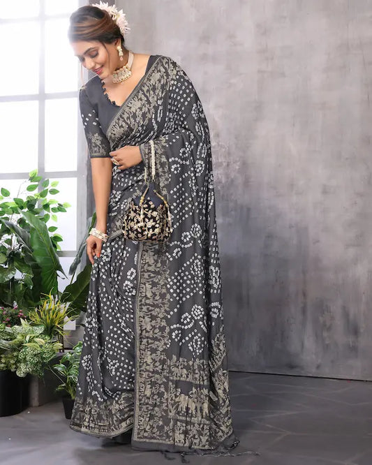 Shadow Bloom Grey Bandhani Saree with Antique Gold Weaving | Gaji Soft Silk Fabric