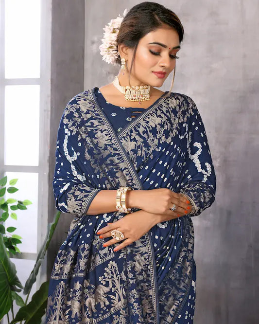 Midnight Mirage Blue Bandhani Saree with Antique Gold Weaving | Gaji Soft Silk Fabric