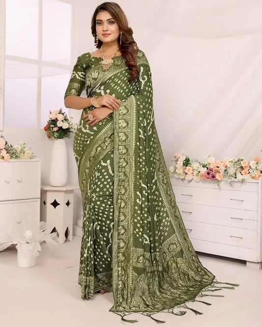 Fern Whisper Olive Green Bandhani Saree with Zari Border | Gaji Silk Fabric
