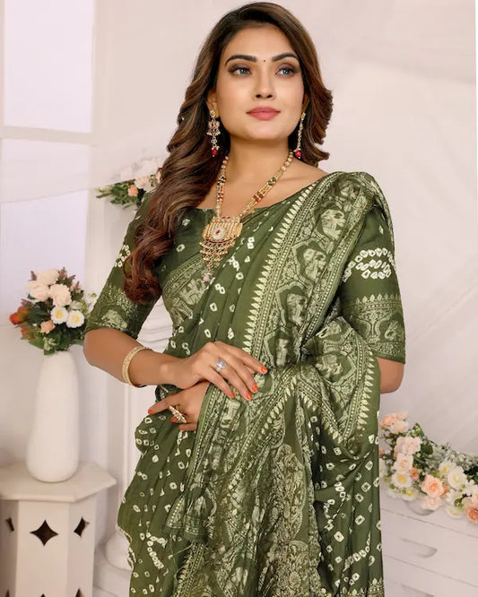 Fern Whisper Olive Green Bandhani Saree with Zari Border | Gaji Silk Fabric