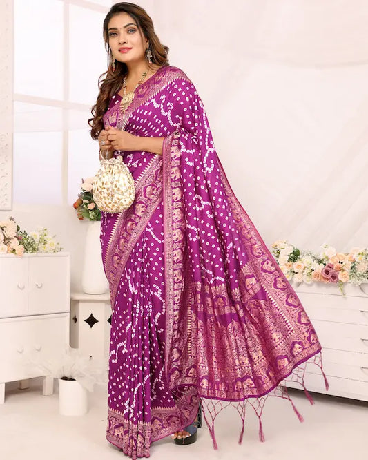 Violet Veil Magenta Bandhani Saree with Elephant Zari Border | Gaji Silk Fabric