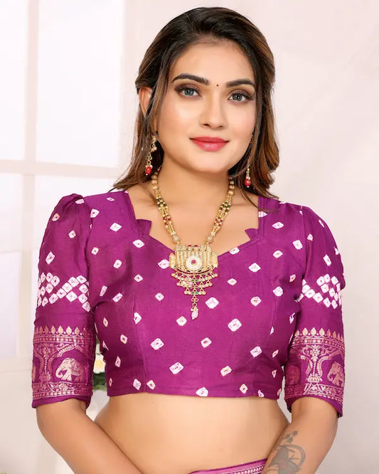 Violet Veil Magenta Bandhani Saree with Elephant Zari Border | Gaji Silk Fabric