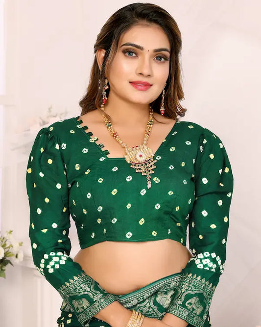 Emerald Reign Green Bandhani Saree with Elephant Zari Border | Gaji Silk Fabric