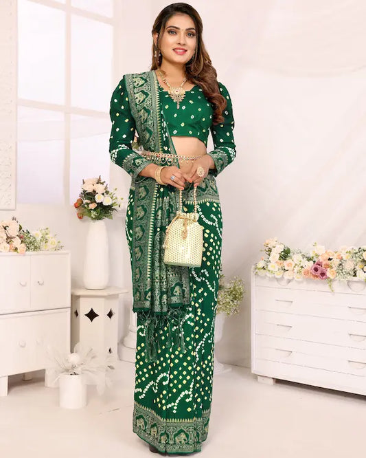 Emerald Reign Green Bandhani Saree with Elephant Zari Border | Gaji Silk Fabric