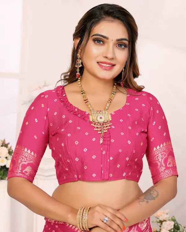 Rosé Radiance Pink Bandhani Saree with Zari Border | Gaji Silk Fabric