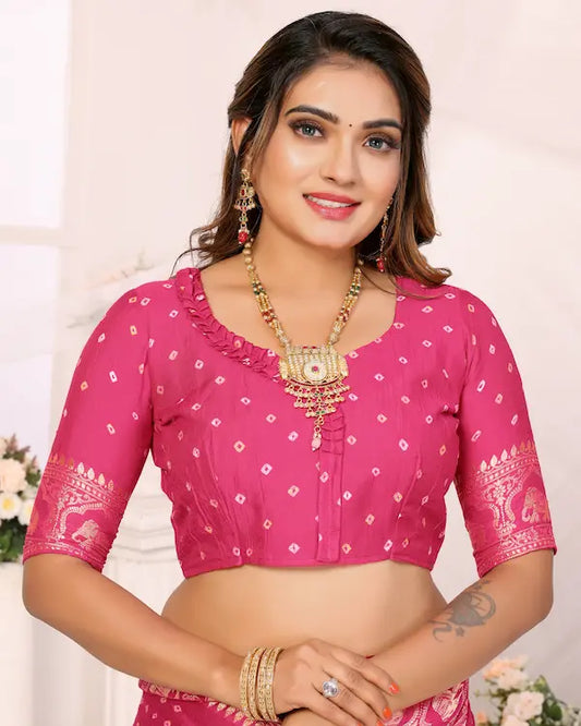 Rosé Radiance Pink Bandhani Saree with Zari Border | Gaji Silk Fabric