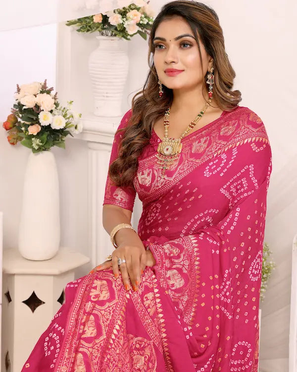 Rosé Radiance Pink Bandhani Saree with Zari Border | Gaji Silk Fabric