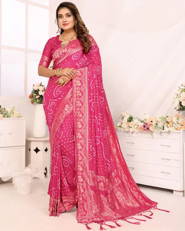 Rosé Radiance Pink Bandhani Saree with Zari Border | Gaji Silk Fabric