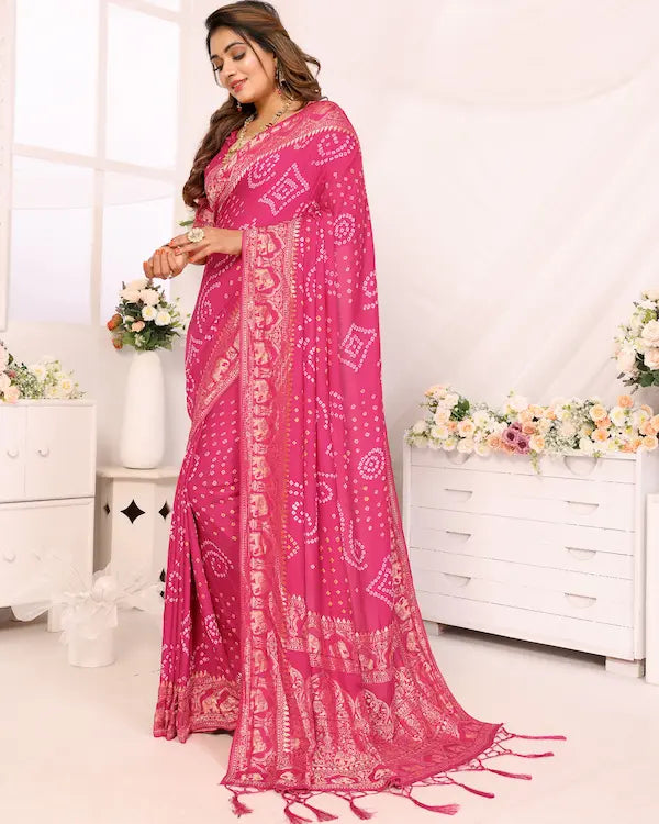 Rosé Radiance Pink Bandhani Saree with Zari Border | Gaji Silk Fabric